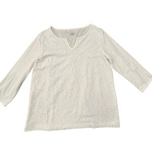 Liz Claiborne Top White Crochet Lace Overlay 3/4 Sleeve Split Neck Boho Chic XL